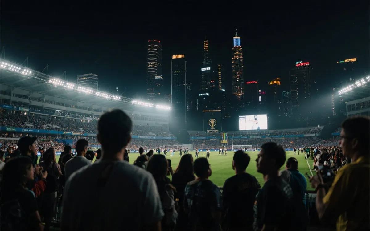 世界杯决赛夜球场外球迷海与城市天际线的电影感画面